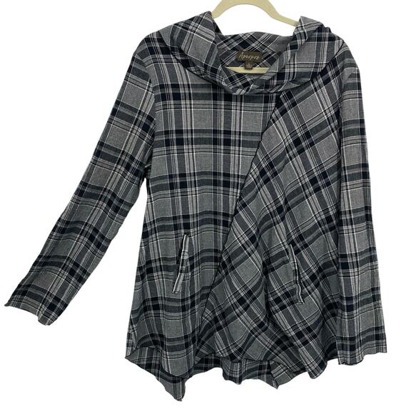Apropos Womens Tunic top Size XL Cowl neck Gray Plaid Long Sleeve Pockets Artsy - Picture 1 of 9